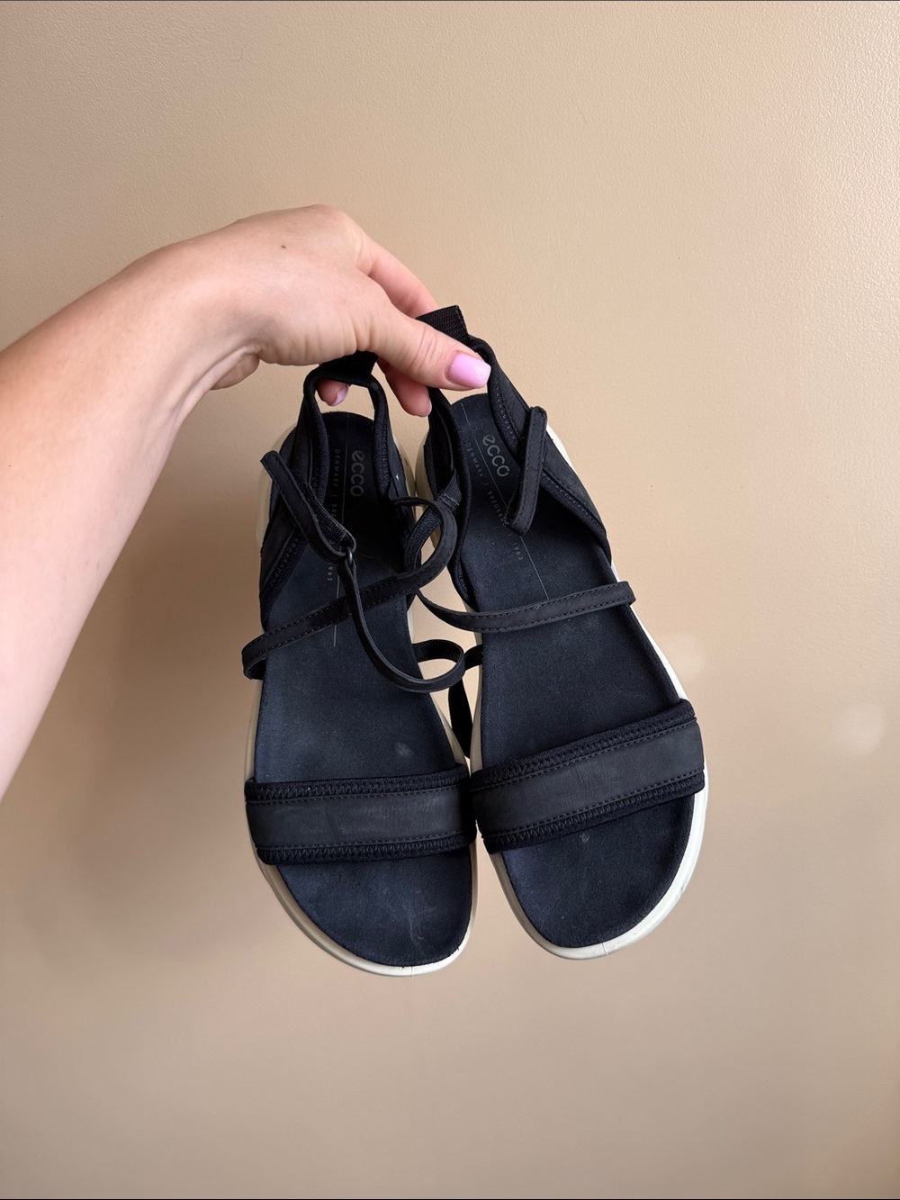 Ecco Black Strappy Women's Sandals with White Midsole